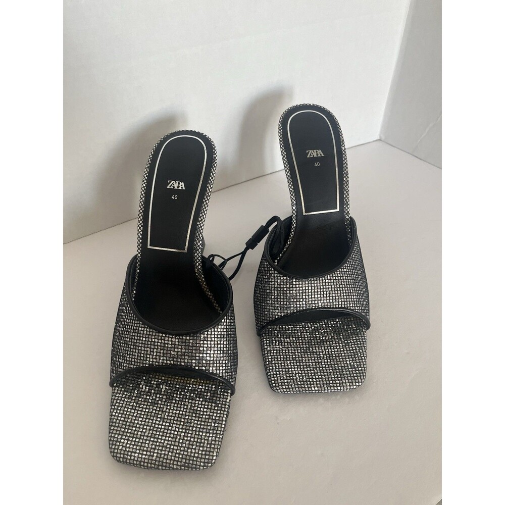 NWT Zara Women's‎ Silver Embellished Square Tow Heeled Sandal Size 9 (Euro 40)